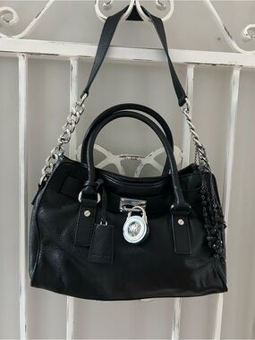 MICHAEL Michael Kors Hamilton Black Leather Satchel Bag w/ Lock & Beaded Charm